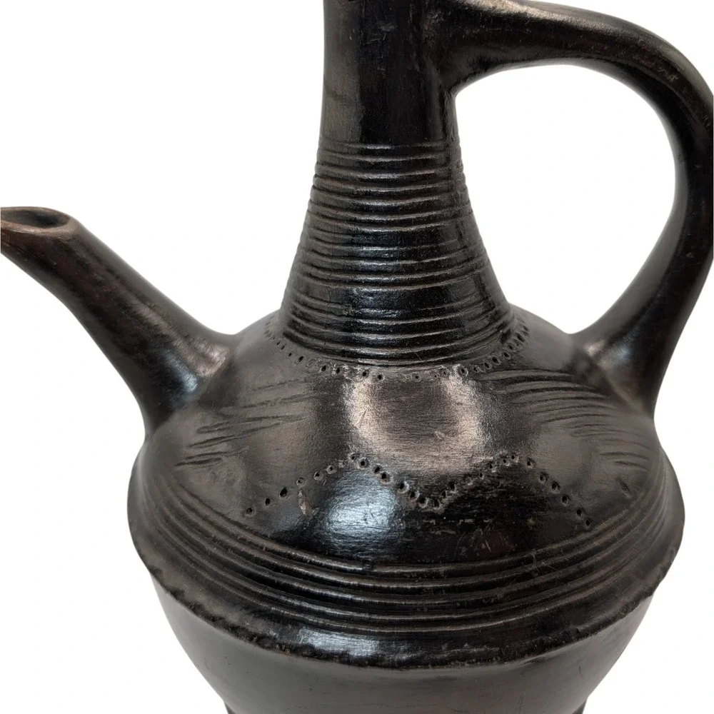 Vintage Ethiopian Jebena Pot Handmade with Stand Black Clay Coffee Pot Two Piece